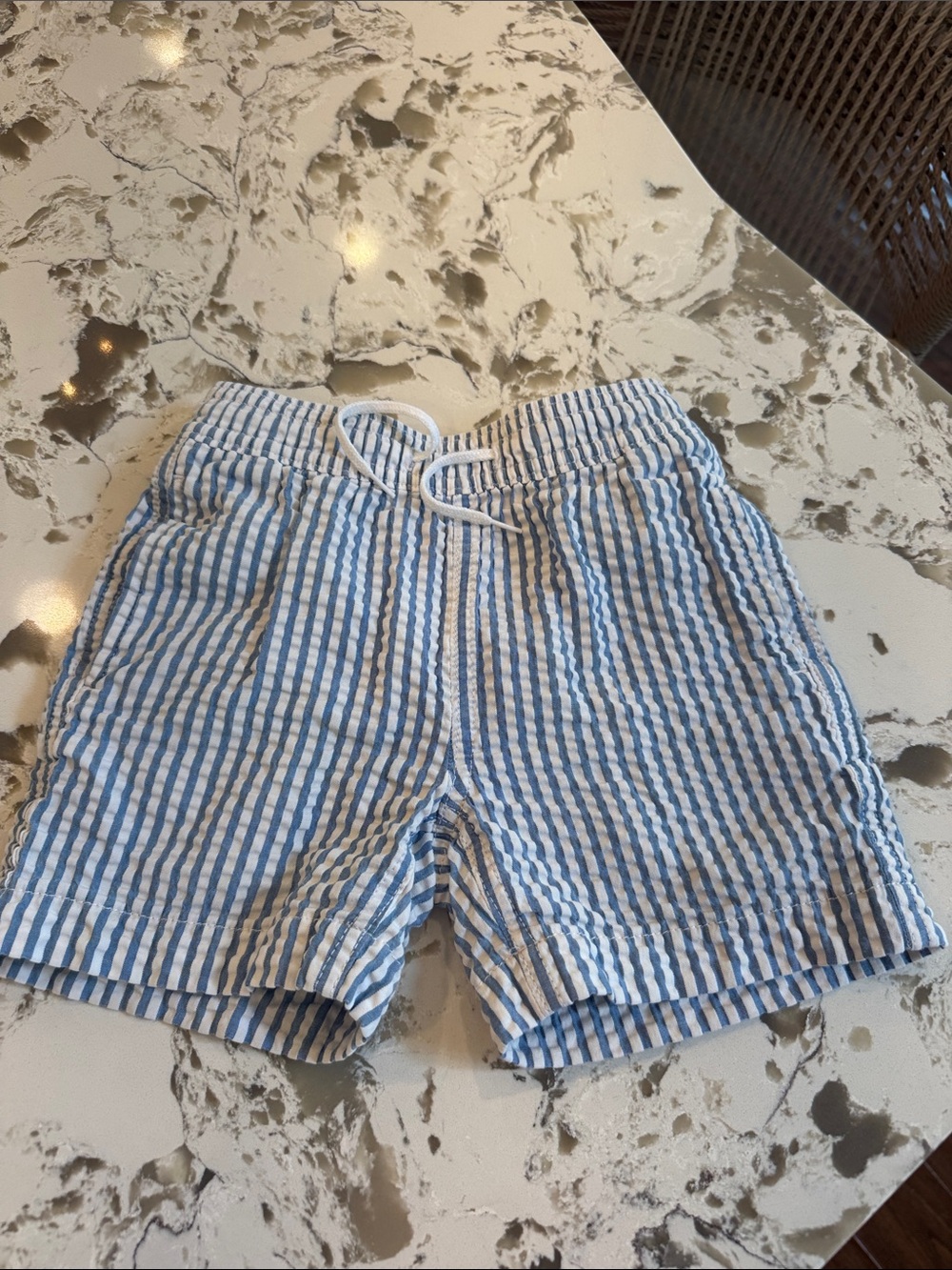 Crewcuts Blue and White Striped Seersucker Swim Trunks